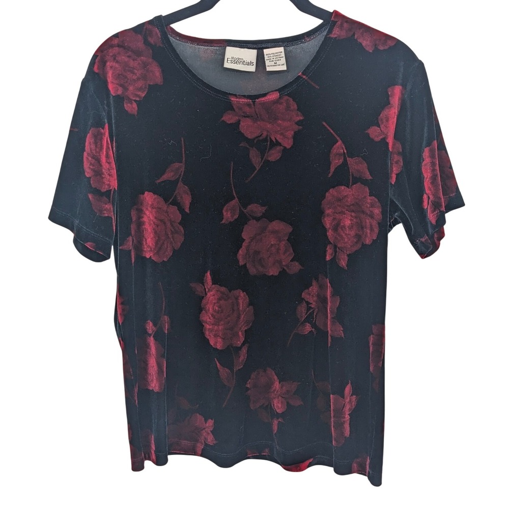 Whimsigoth Top Womens Medium Black Red Rose Velvet Burnout Dark Romantic Blouse‎